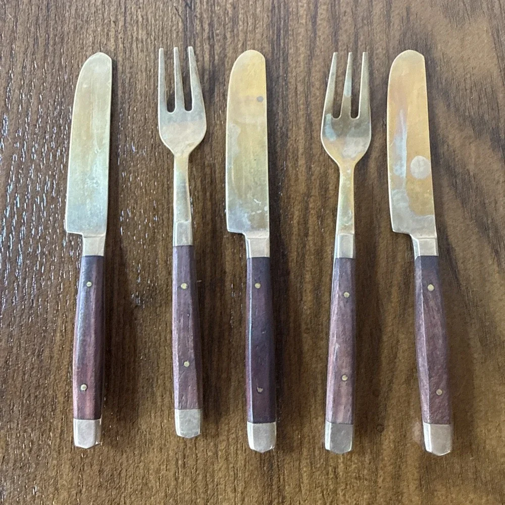 Vintage Wood And Brass Meat & Cheese Fork And Knife Set Charcuterie Board
